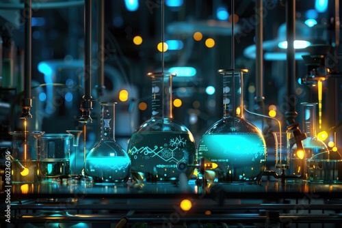 Dark, dramatic 3D render of an electrochemistry setup with electrodes and solutions glowing under subtle lighting,