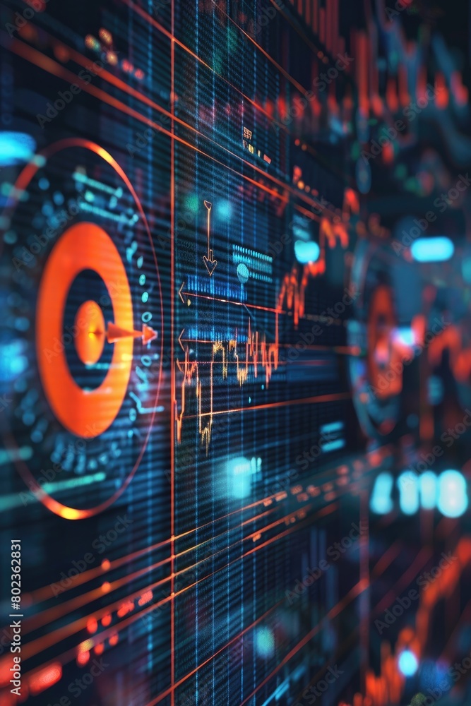 Moody 3D visualization featuring a bullseye with multiple arrows in the target, juxtaposed with a dynamic stock graph in a dimly lit setting,