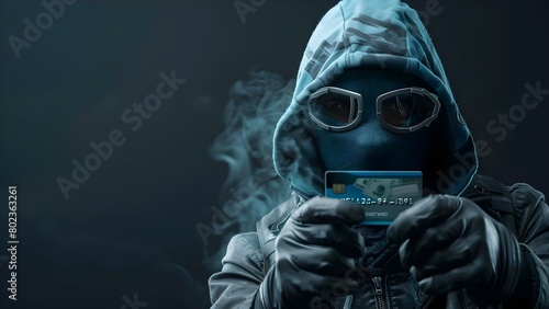 Masked hacker with bank card ready to withdraw money isolated on black. Concept Cybercrime, Identity Theft, Financial Fraud, Criminal Activity, Digital Security