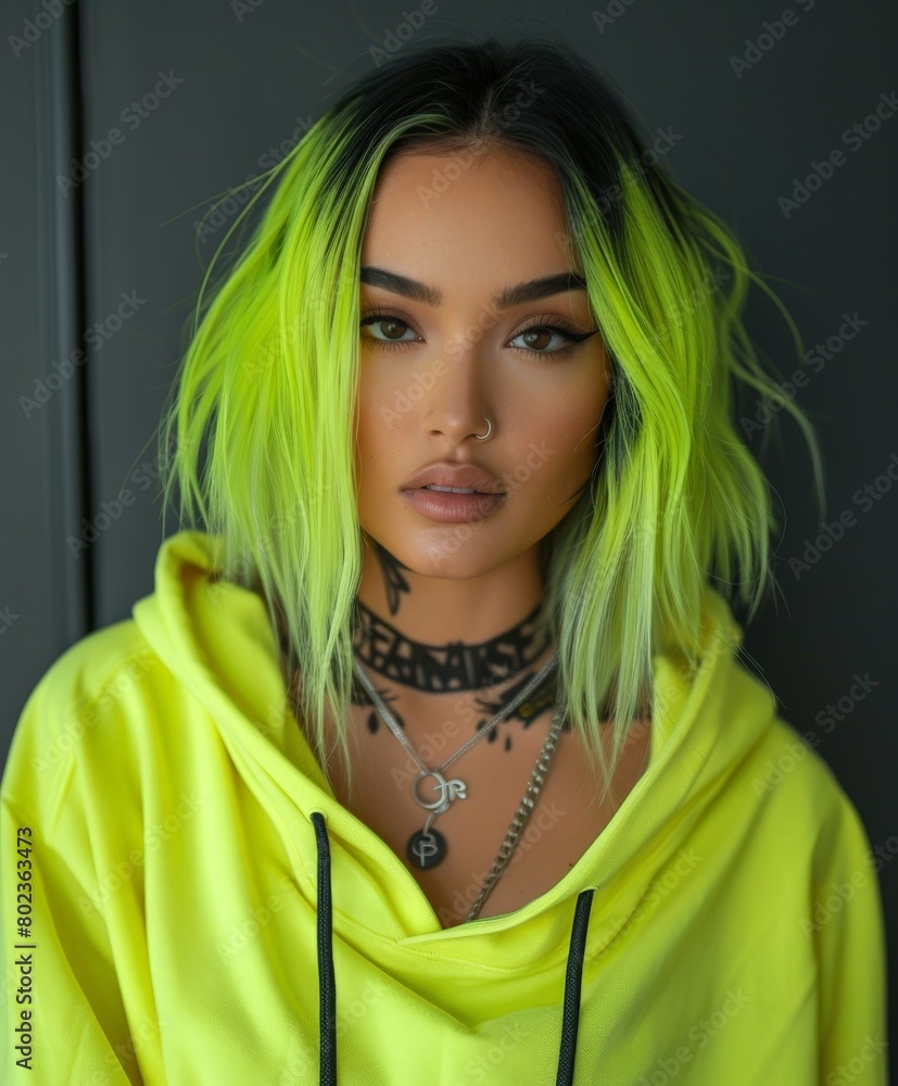 Fototapeta premium Green-haired Woman in Yellow Hoodie