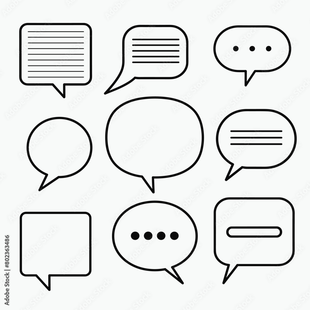 A variety of empty speech bubbles of different shapes and sizes in black outlines. A variety of empty speech bubbles of different shapes and sizes in black outlines.