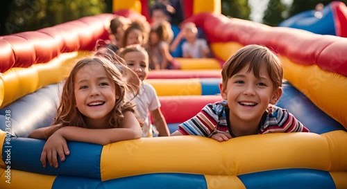 Happy children in a bouncy castle. photo
