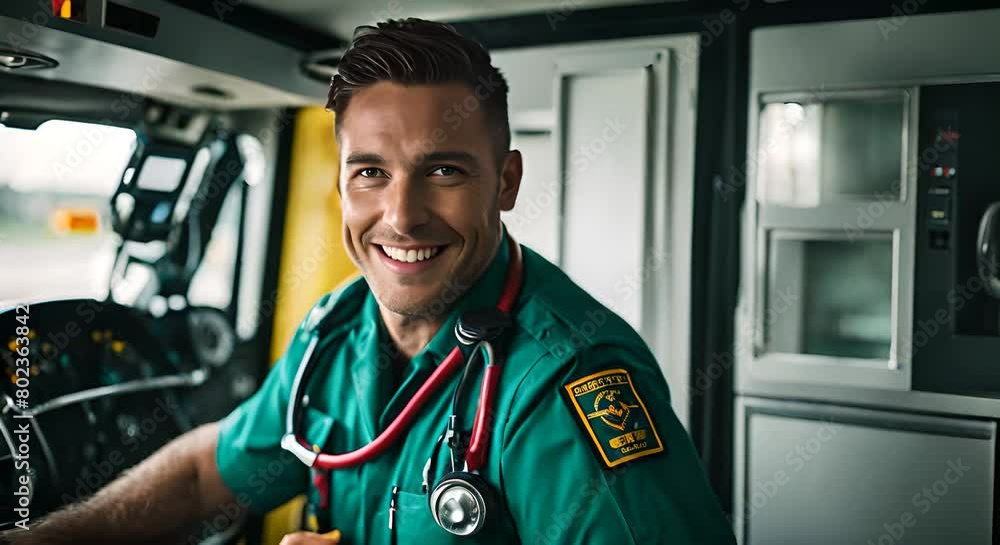 Paramedic in an ambulance. Paramedic in an ambulance.