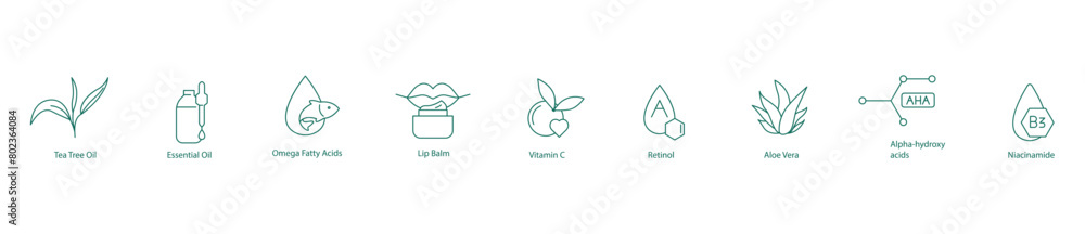 Tea Tree Oil, Essential Oil, Omega Fatty Acids, Lip Balm, Vitamin C, Retinol, Aloe Vera, Alpha Hydroxy Acids, Niacinamide. Tea Tree Oil, Essential Oil, Omega Fatty Acids, Lip Balm, Vitamin C, Retinol, Aloe Vera, Alpha Hydroxy Acids, Niacinamide.