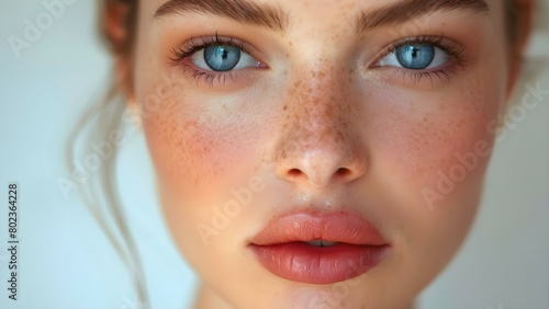 Closeup photo of a Caucasian woman with striking blue eyes and pouty lips. Concept Closeup Portrait, Striking Blue Eyes, Pouty Lips, Caucasian Woman © Anastasiia