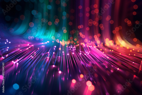 A futuristic background with a glowing fiber optic cable pattern, showcasing vibrant colors against a dark setting.