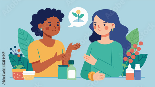 Two friends discussing their skin conditions one using traditional topical medications while the other uses herbal remedies..