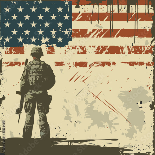 Veterans day poster. Military Man Saluting Us Flag.Silhouette of soldier