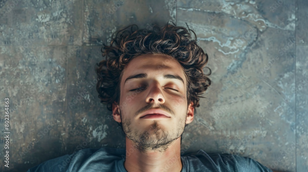 Top view of expression of a man who lying on the floor and entered in resting state, highlighting concentration or inner peace. Meditation concept Top view of expression of a man who lying on the floor and entered in resting state, highlighting concentration or inner peace. Meditation concept