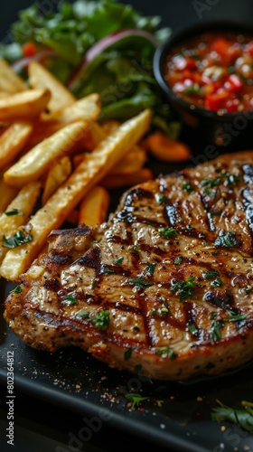 Grilled Steak and French Fries on Black Plate