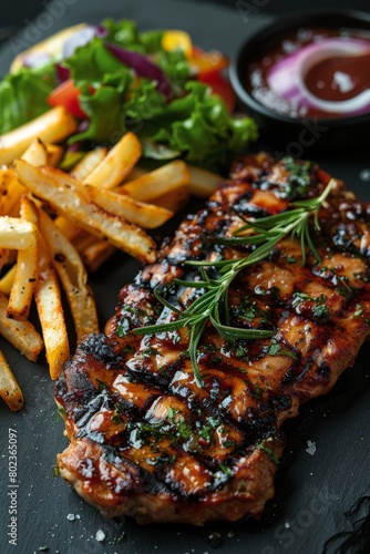 Grilled Steak With French Fries and Salad