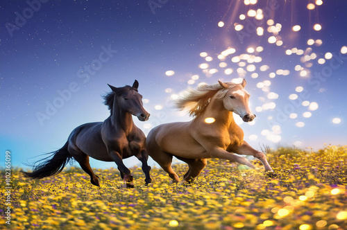 Two beautiful horse run gallop on flowers field with blue sky behind
