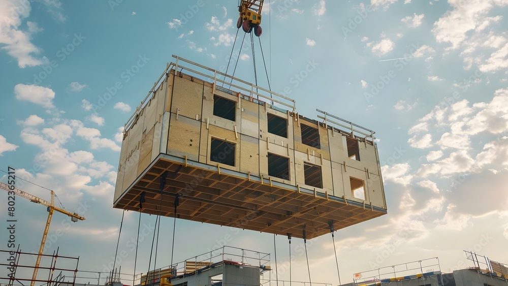 Wooden modular building pieces lifted by crane into Berlin office building under construction. Concept Construction, Modular Buildings, Berlin, Cranes, Office Buildings Wooden modular building pieces lifted by crane into Berlin office building under construction. Concept Construction, Modular Buildings, Berlin, Cranes, Office Buildings