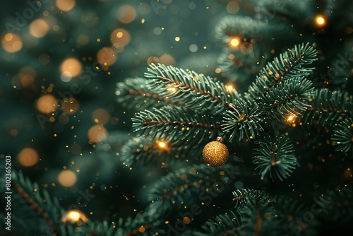 Christmas tree branch with golden balls on bokeh background  closeup