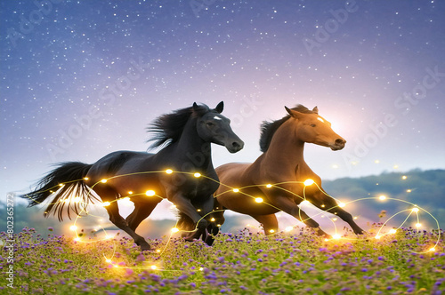 Two beautiful horse run gallop on flowers field with blue sky behind
