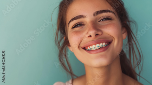 Beautiful smiling young woman wearing dental braces, Happy young woman with brackets, Stomatology, Dentistry. 