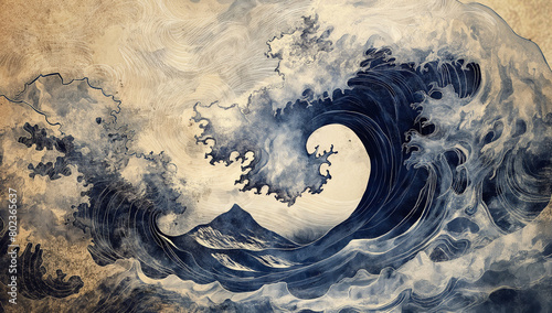 The painting depicts a large wave crashing into the shore. The colors are predominantly blue and white, with some yellow accents. The mood of the painting is powerful and dramatic