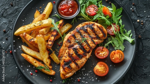 Plate of Food With Grilled Chicken, French Fries, and Tomatoes