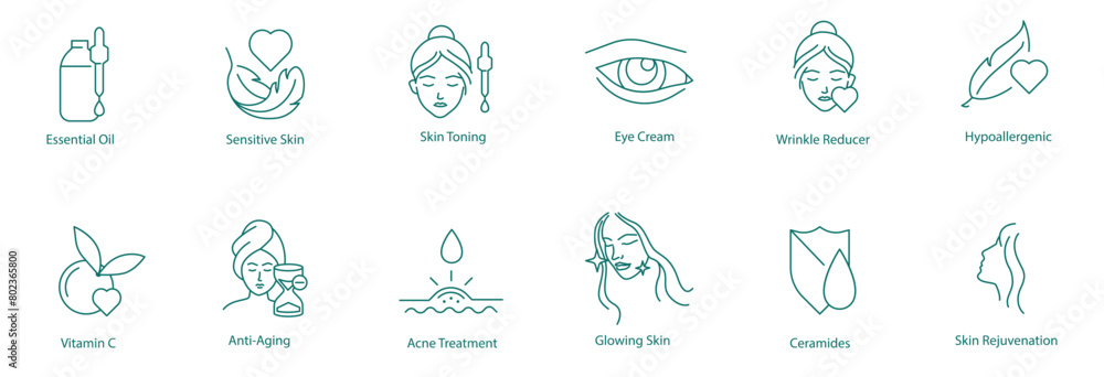 Naklejka premium Essential Oil, Sensitive Skin, Skin Toning, Eye Cream, Wrinkle Reduction, Hypoallergenic, Vitamin C, Anti-Aging, Acne Treatment, Glowing Skin, Ceramides, Skin Rejuvenation Vector Icons Collection