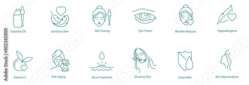 Essential Oil, Sensitive Skin, Skin Toning, Eye Cream, Wrinkle Reduction, Hypoallergenic, Vitamin C, Anti-Aging, Acne Treatment, Glowing Skin, Ceramides, Skin Rejuvenation Vector Icons Collection