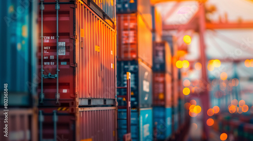 A close-up shot of a cargo ship's side, showing the texture and details of the stacked containers, with the port's bustling activity slightly blurred in the background, Generative AI