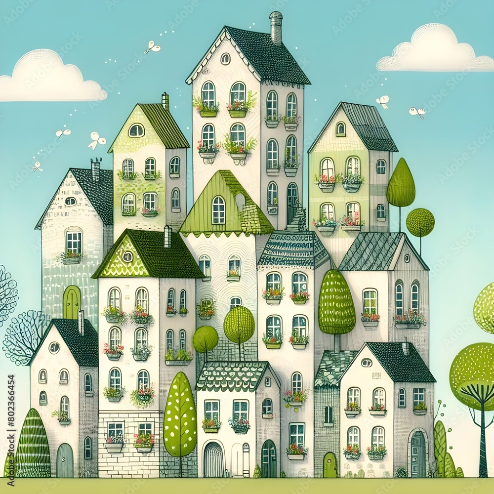 A whimsical stack of houses delicately drawn with tiny trees.