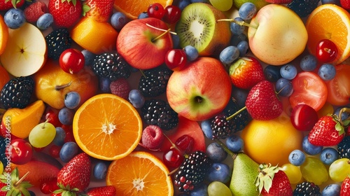 A variety of fresh and organic fruits  including apples  oranges  grapes  and berries.