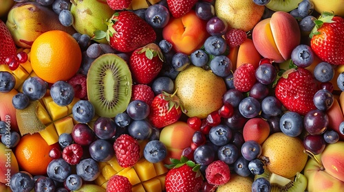 A variety of fresh fruits  including strawberries  blueberries  raspberries  and apricots.