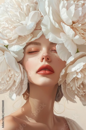 realistic Illustration of a beautiful woman with large peonies on her head. fashion beauty portrait, vertical