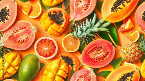 A variety of tropical fruits, including papaya, pineapple, guava, and mango.