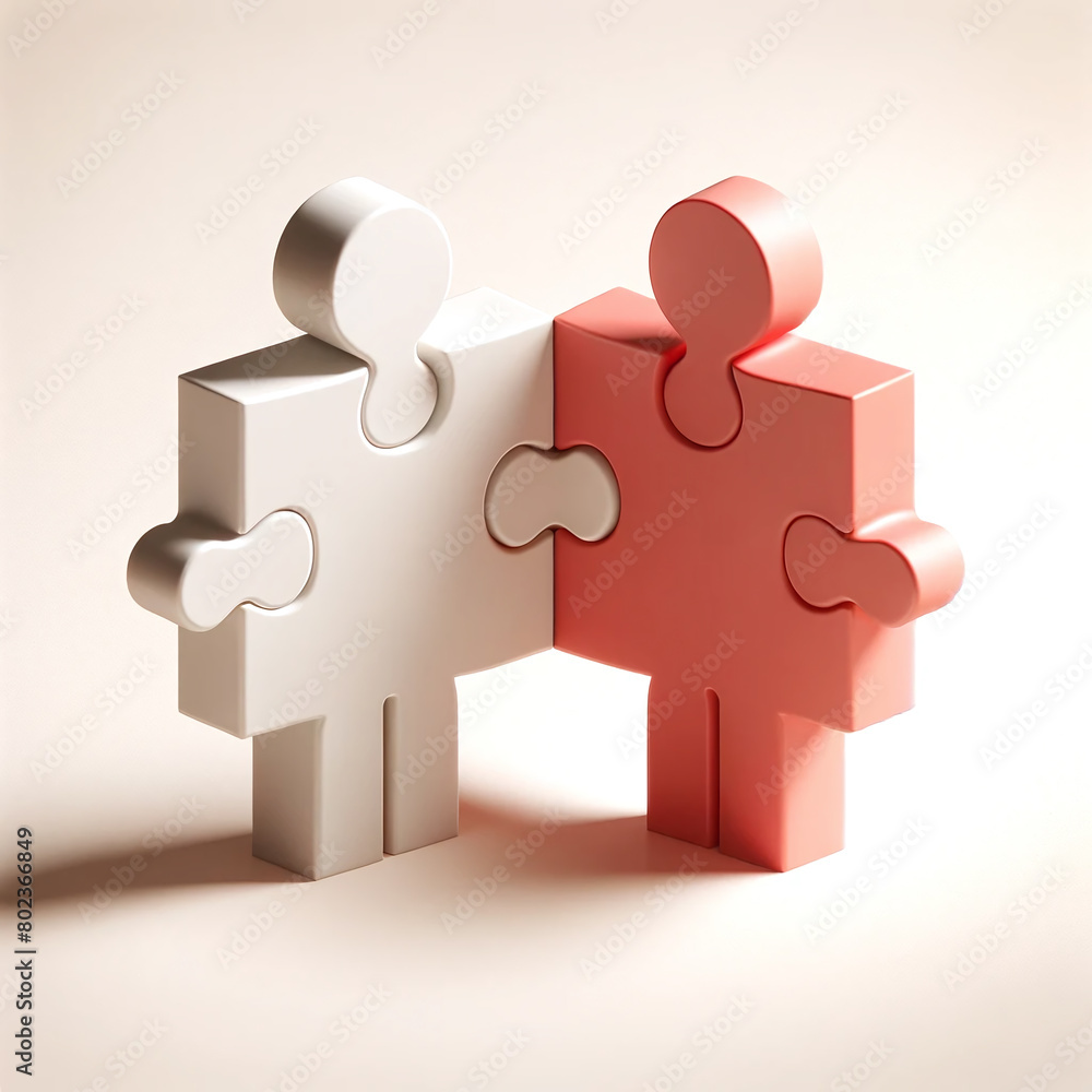 Two interlocking puzzle pieces in minimalistic style, one in white and the other in a deep coral shade, symbolize connection and unity on a plain background. Two interlocking puzzle pieces in minimalistic style, one in white and the other in a deep coral shade, symbolize connection and unity on a plain background.