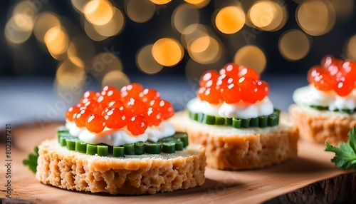 Canape with red caviar for party, selective focus 
