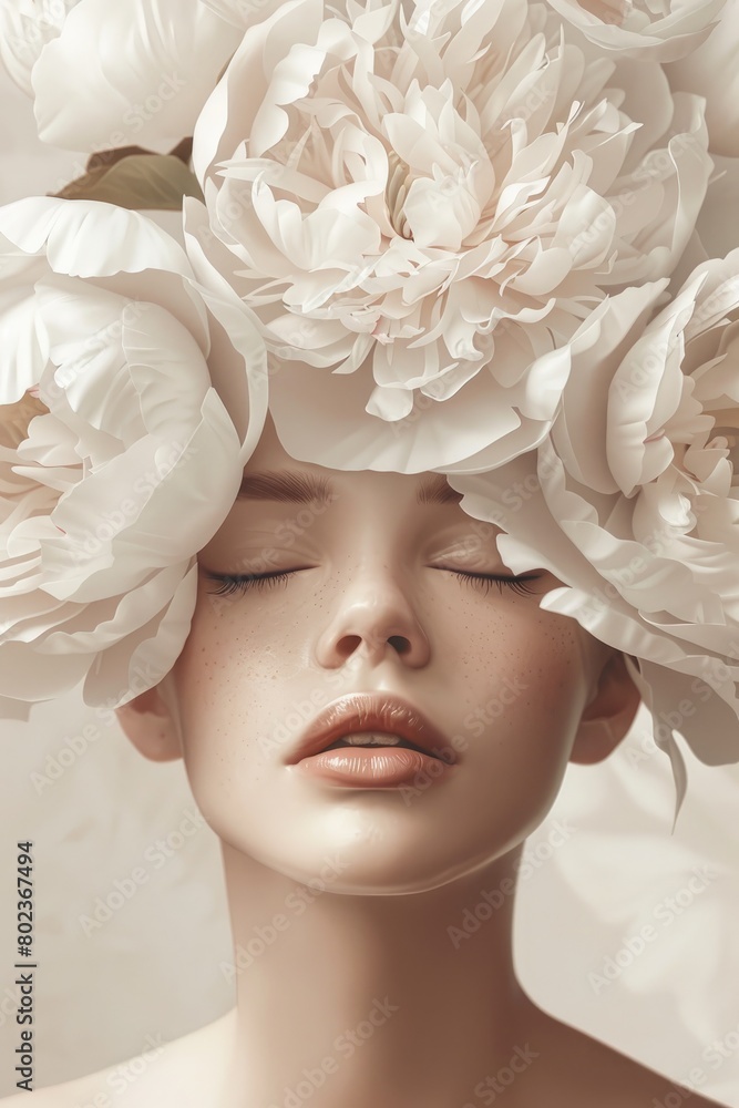 realistic Illustration of a beautiful woman with large peonies on her head. fashion beauty portrait, vertical realistic Illustration of a beautiful woman with large peonies on her head. fashion beauty portrait, vertical