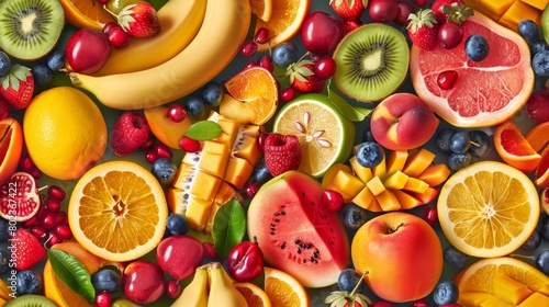 Colorful variety of fresh fruits, including strawberries, blueberries, bananas, oranges, kiwi, and watermelon.