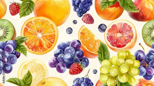 Colorful watercolor fruits seamless pattern. Hand drawn fresh organic food background.