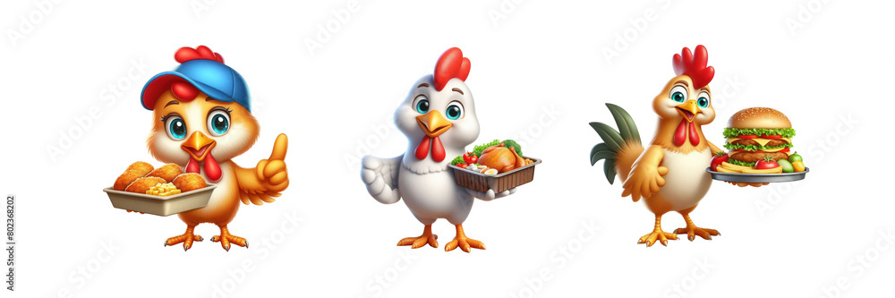 Set of  a Cartoon Chicken Food Tray is in hand, vector, illustration, isolated over on transparent white background