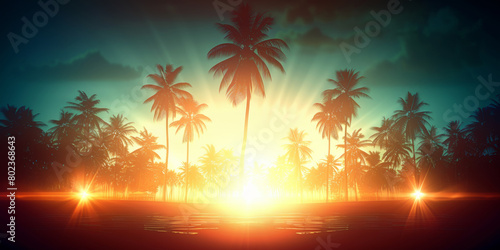 A tropical scene with palm trees and a sunset