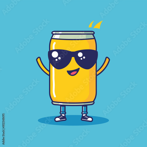 Cute soda can cartoon character with sunglasses flat vector illustration