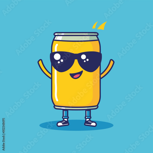 Cute soda can cartoon character with sunglasses flat vector illustration