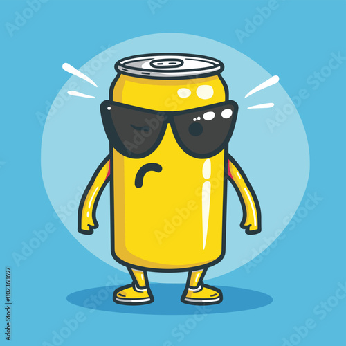 Cute soda can cartoon character with sunglasses flat vector illustration