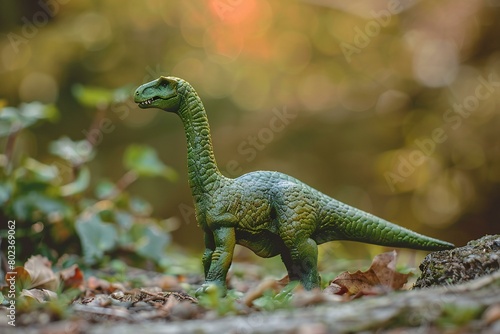 Dinosaur toy in the forest with bokeh background and copy space © Quan