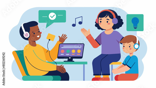In a virtual music therapy session a the connects with a nonverbal child with cerebral palsy through a variety of digital instruments and sound. Vector illustration