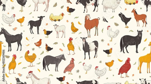 The image shows a variety of farm animals, including chickens, goats, horses, cows, and pigs