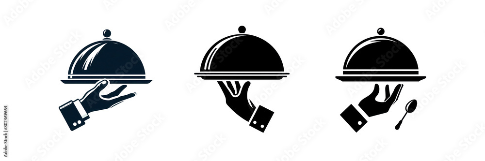 Set of Waiter hand holding cloche serving plate, illustration, isolated over on transparent white background Set of Waiter hand holding cloche serving plate, illustration, isolated over on transparent white background