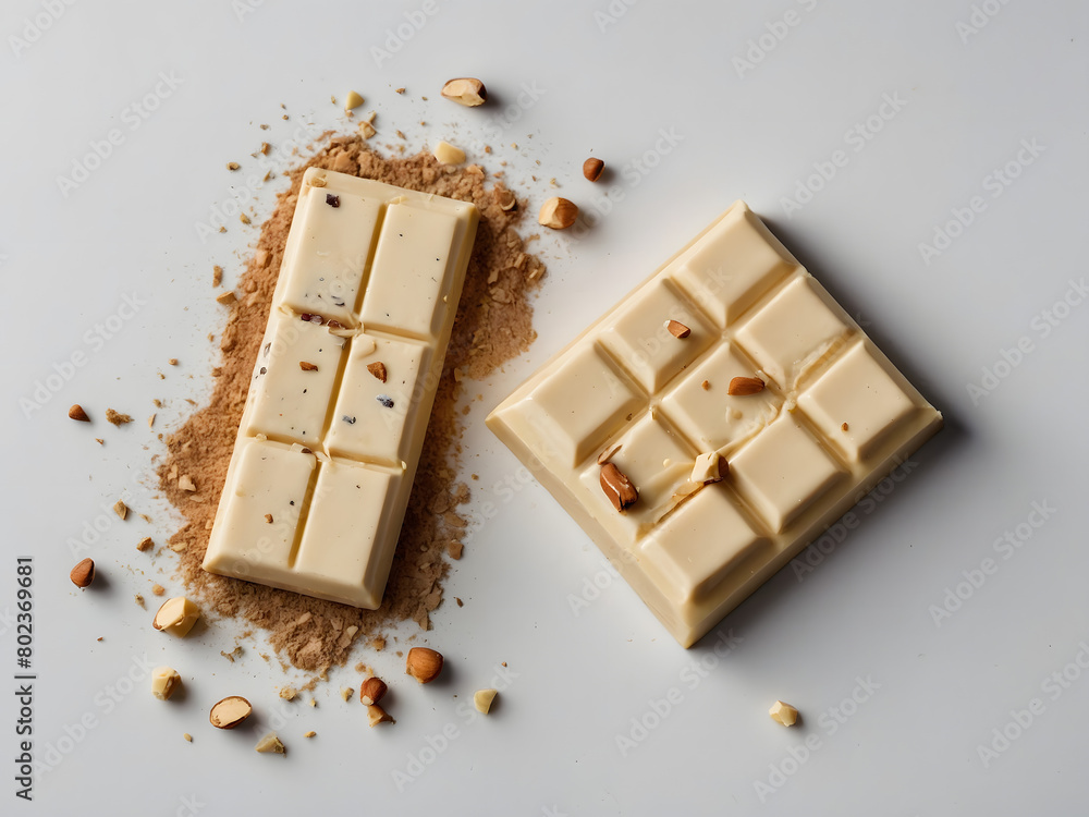 White chocolate bar and chunks arranged in a flat lay composition against a white backdrop.