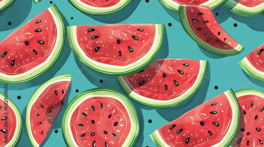 This is a photo of watermelon slices on a blue background. The watermelons are ripe and juicy, with a sweet, refreshing flavor. They are perfect for a hot summer day. This is a photo of watermelon slices on a blue background. The watermelons are ripe and juicy, with a sweet, refreshing flavor. They are perfect for a hot summer day.