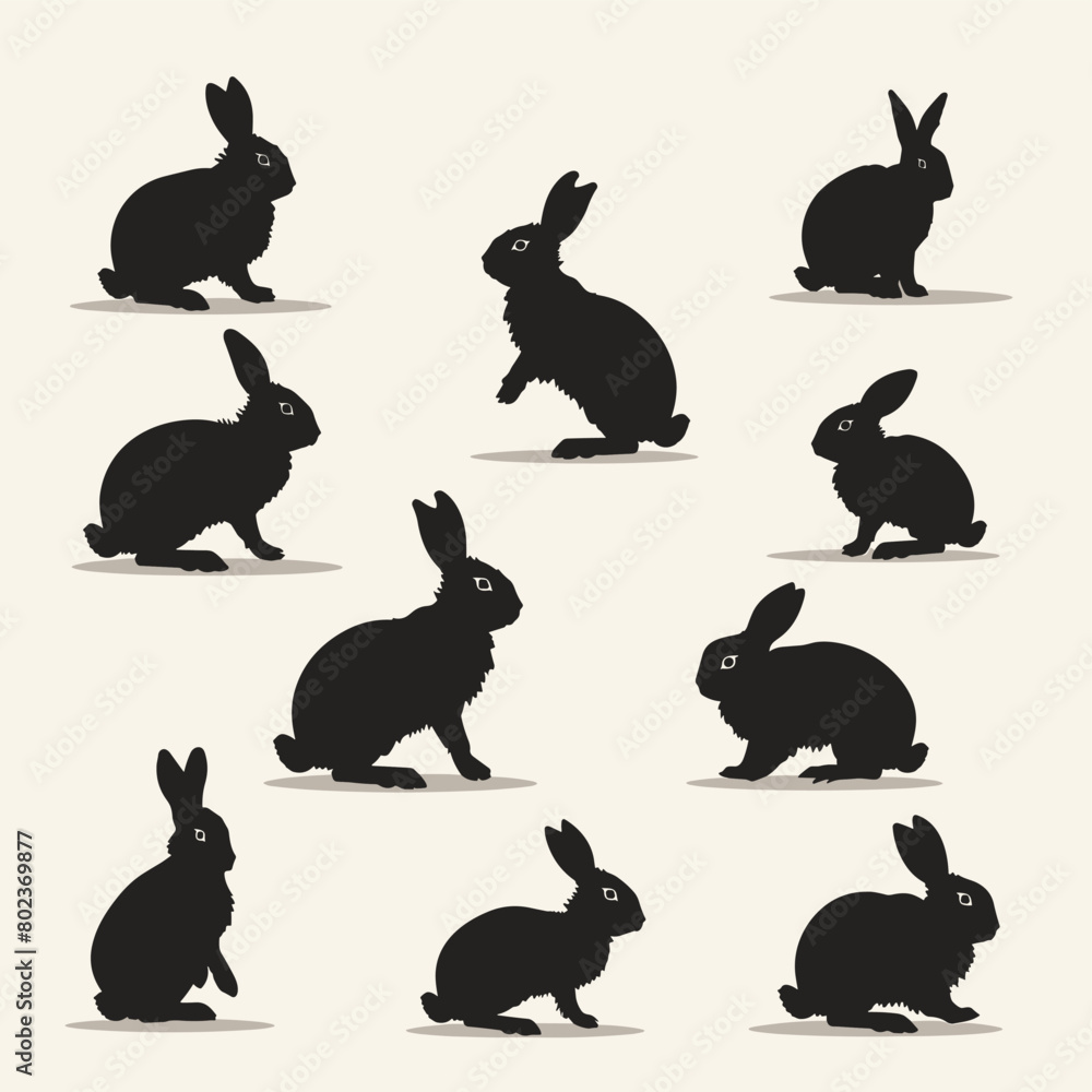 Rabbit silhouette set of different poses black flat vector illustration Rabbit silhouette set of different poses black flat vector illustration