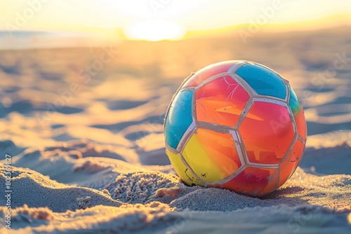 Vibrant soccer ball on sandy beach at sunset