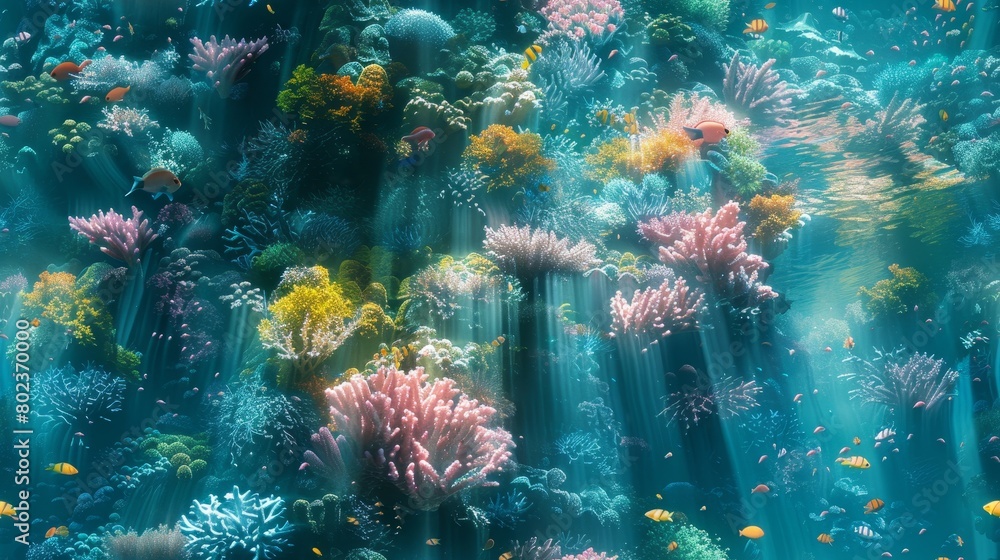 Underwater image of a coral reef with many tropical fish swimming around in the clear blue water. Underwater image of a coral reef with many tropical fish swimming around in the clear blue water.