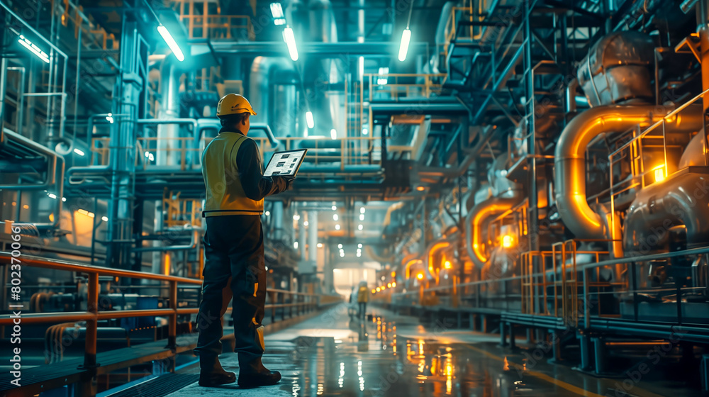 industrial setting where a person, wearing safety gear, is standing with their back to the camera. They are holding a laptop, which is using to monitor and control the machinery around them industrial setting where a person, wearing safety gear, is standing with their back to the camera. They are holding a laptop, which is using to monitor and control the machinery around them